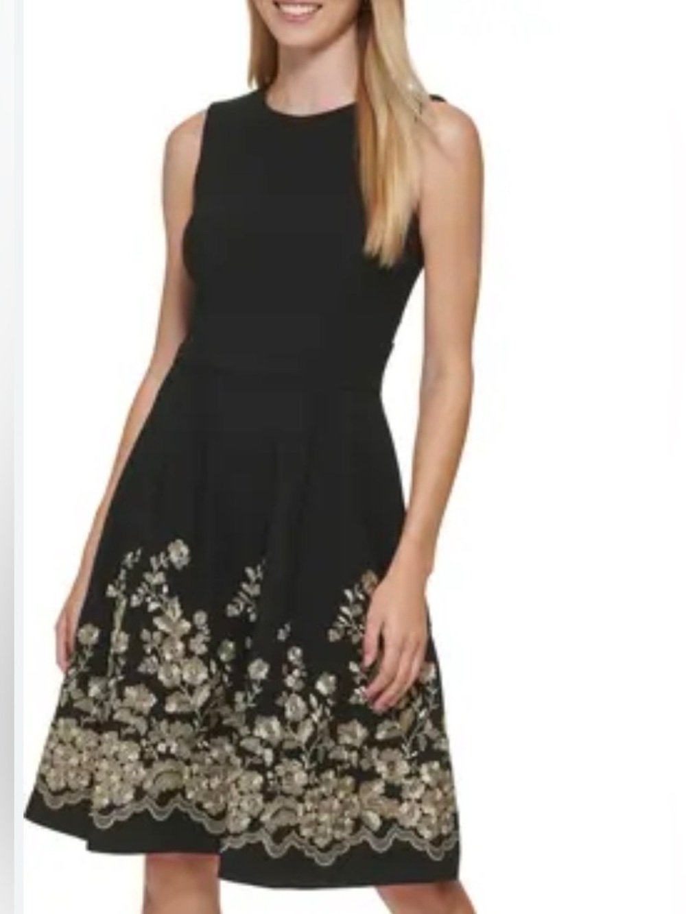 Calvin Klein Black Sleeveless Midi Dress with Gold Floral Hem sz 8